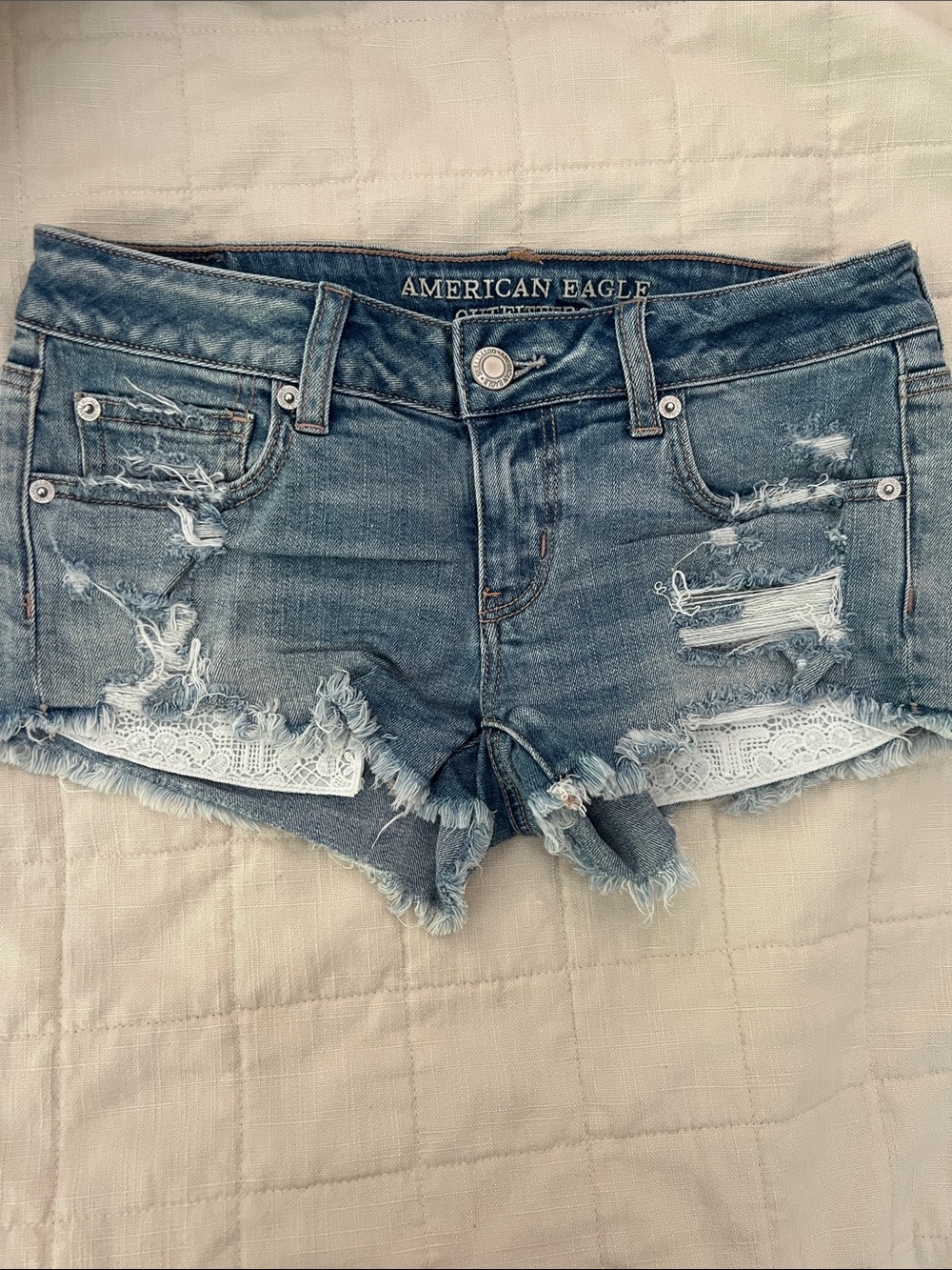 American Eagle Outfitters Blue Distressed Denim Lace-Trim Shorts